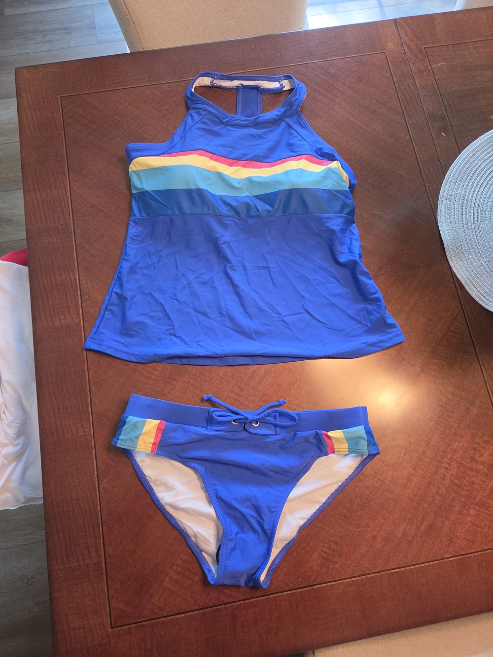 Girls' Blue Tankini Swim Set with Rainbow Stripes